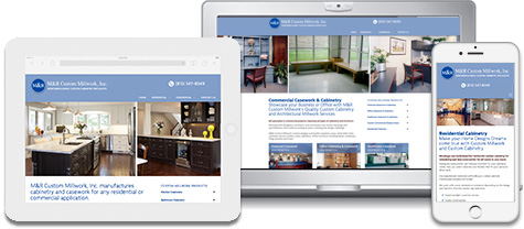 tablet, laptop and smart phone view of M&R Custom Millwork website design